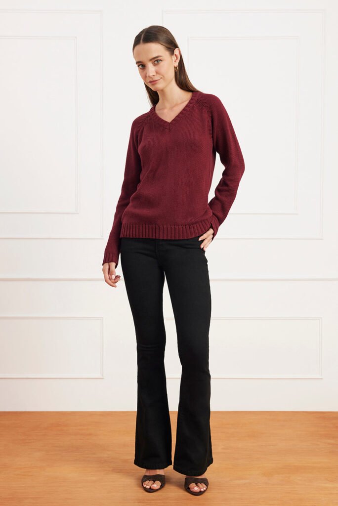 Selene V Neck Cotton Sweater in Burgundy