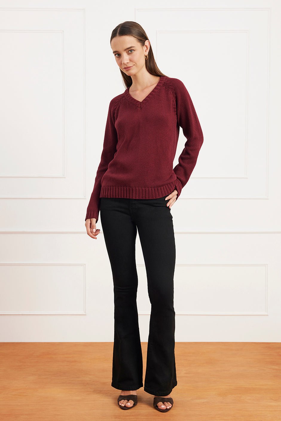 Selene V Neck Cotton Sweater in Burgundy