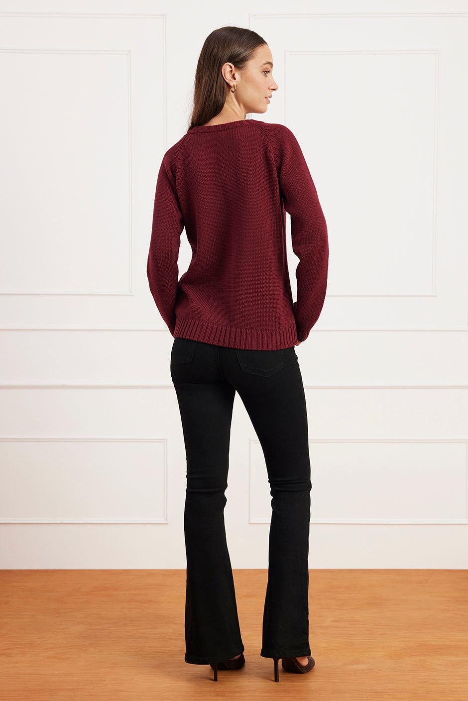 Selene V Neck Cotton Sweater in Burgundy - Image 2