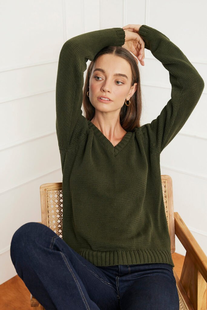 Selene V Neck Cotton Sweater in Forest Green