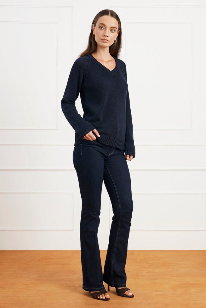Selene V Neck Cotton Sweater in Midnight Navy