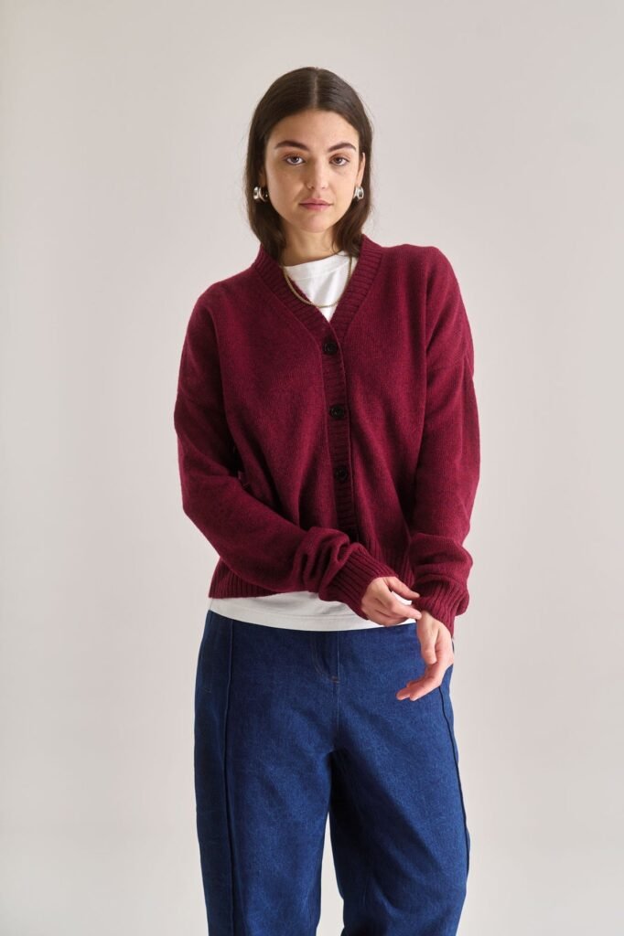 Isla Merino Wool Cardigan in Red Wine