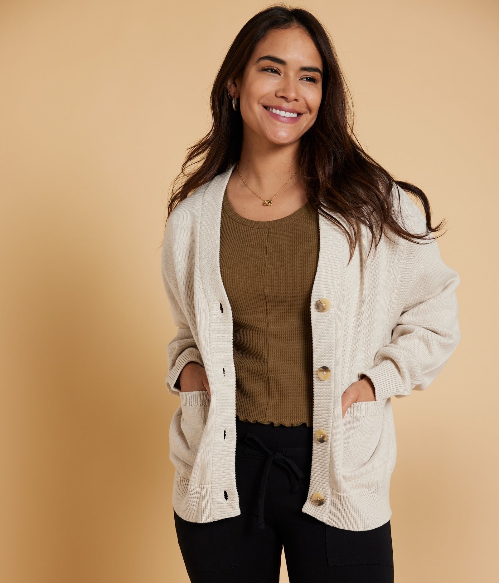Mars Organic Cotton Cardigan Sweater in Taupe - Image 2