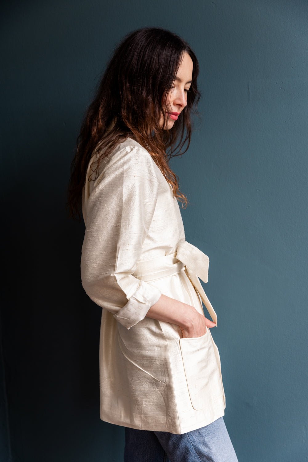 Kamla Wrap Jacket in Raw Silk in Ivory - Image 3