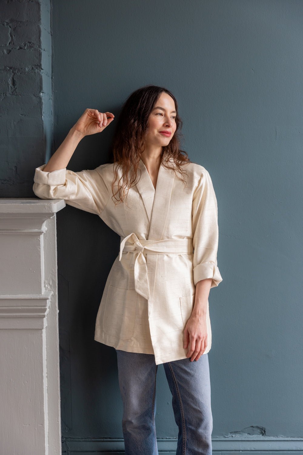 Kamla Wrap Jacket in Raw Silk in Ivory - Image 2