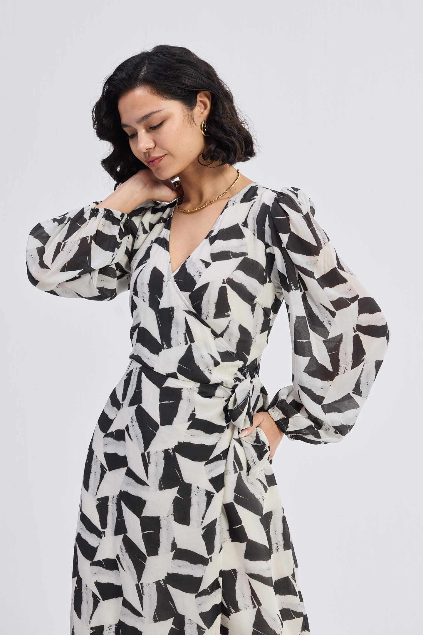 Abstract Mosaic Midi Wrap Dress in Multicolor Print - Image 3