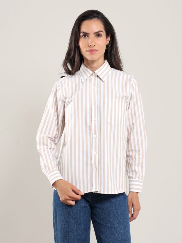 Asim Oxford Button Up in Beige Stripe