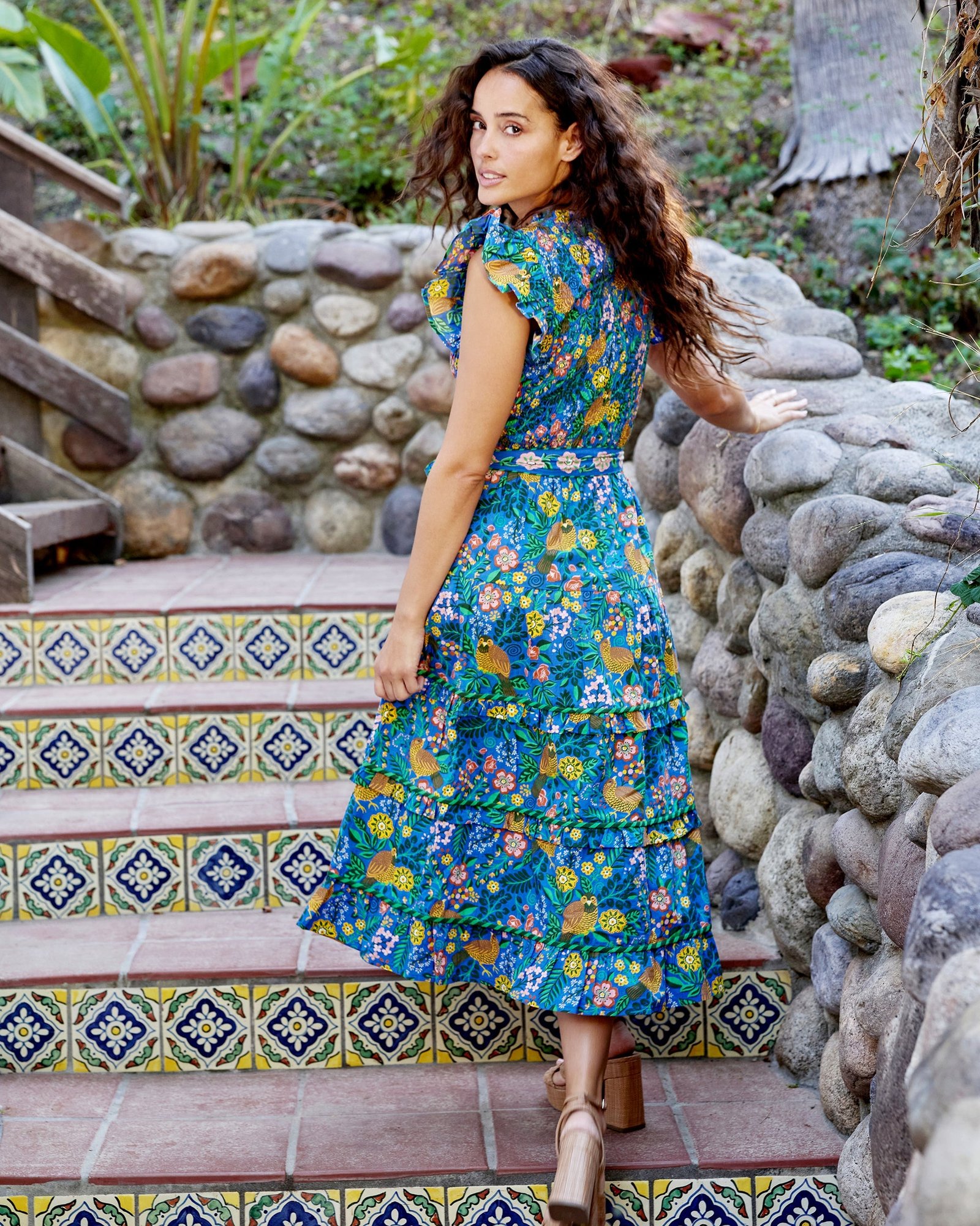 Ready To Ruffle Organic Cotton Dress in Willow Wren Oasis Print - Image 3