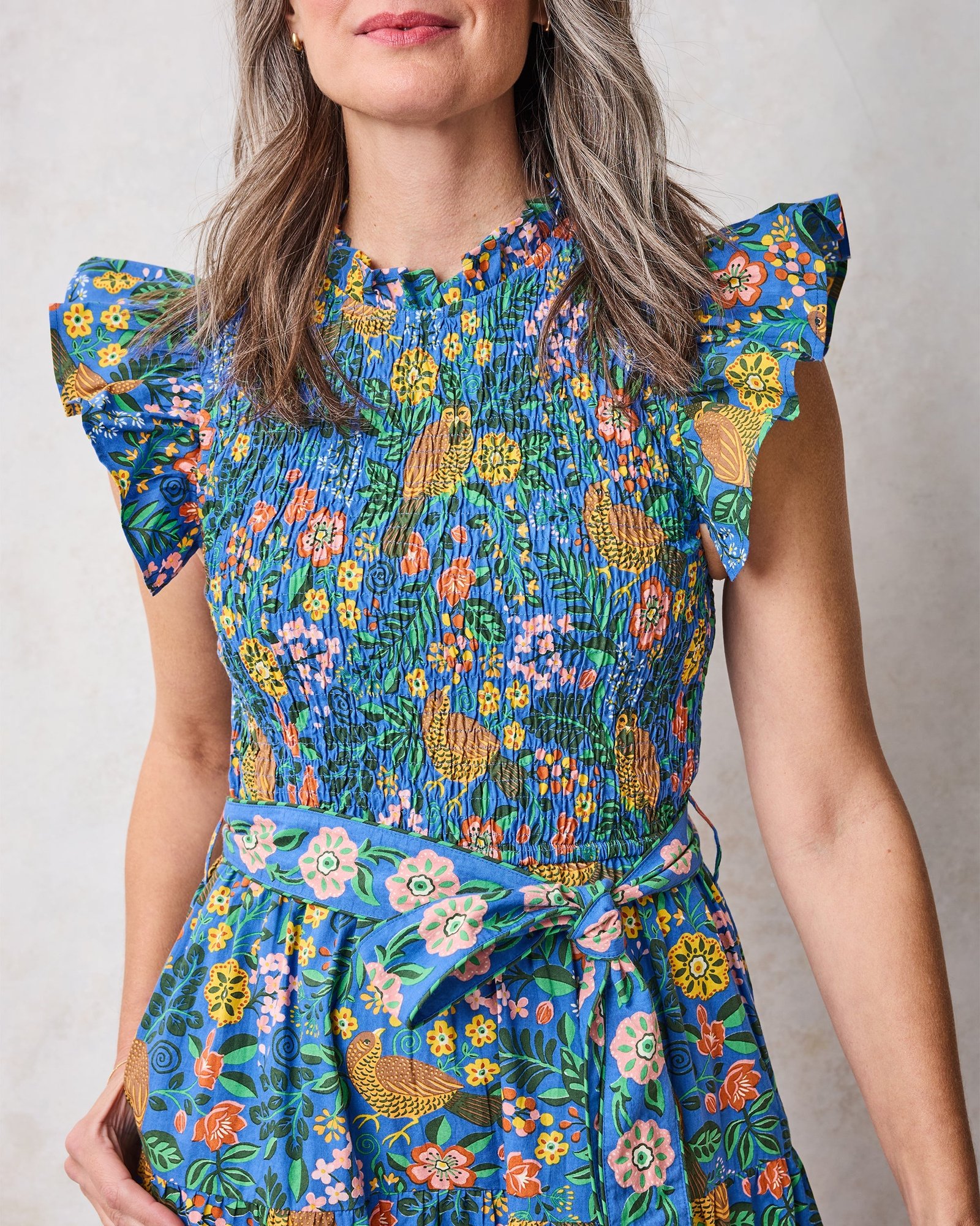Ready To Ruffle Organic Cotton Dress in Willow Wren Oasis Print - Image 4
