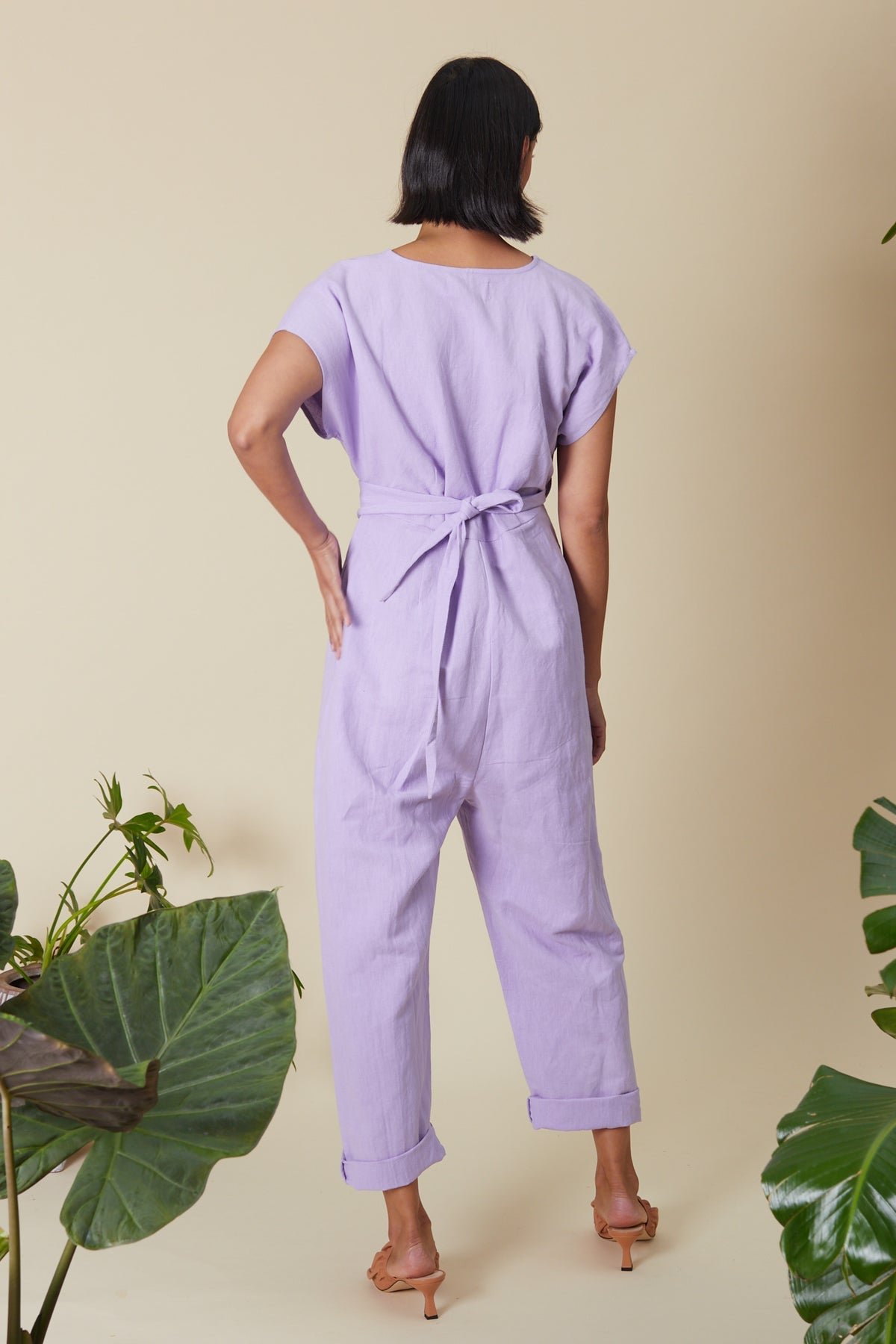 Venus Wrapped Jumpsuit in Cotton and Linen- Green - Image 4