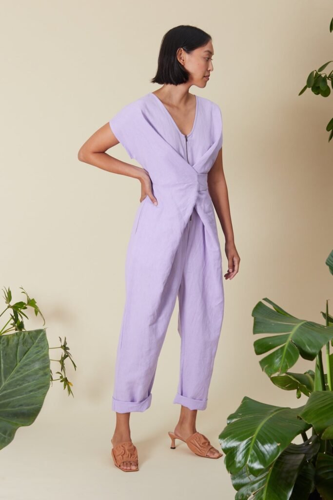 Venus Wrapped Jumpsuit in Cotton and Linen in Lilac