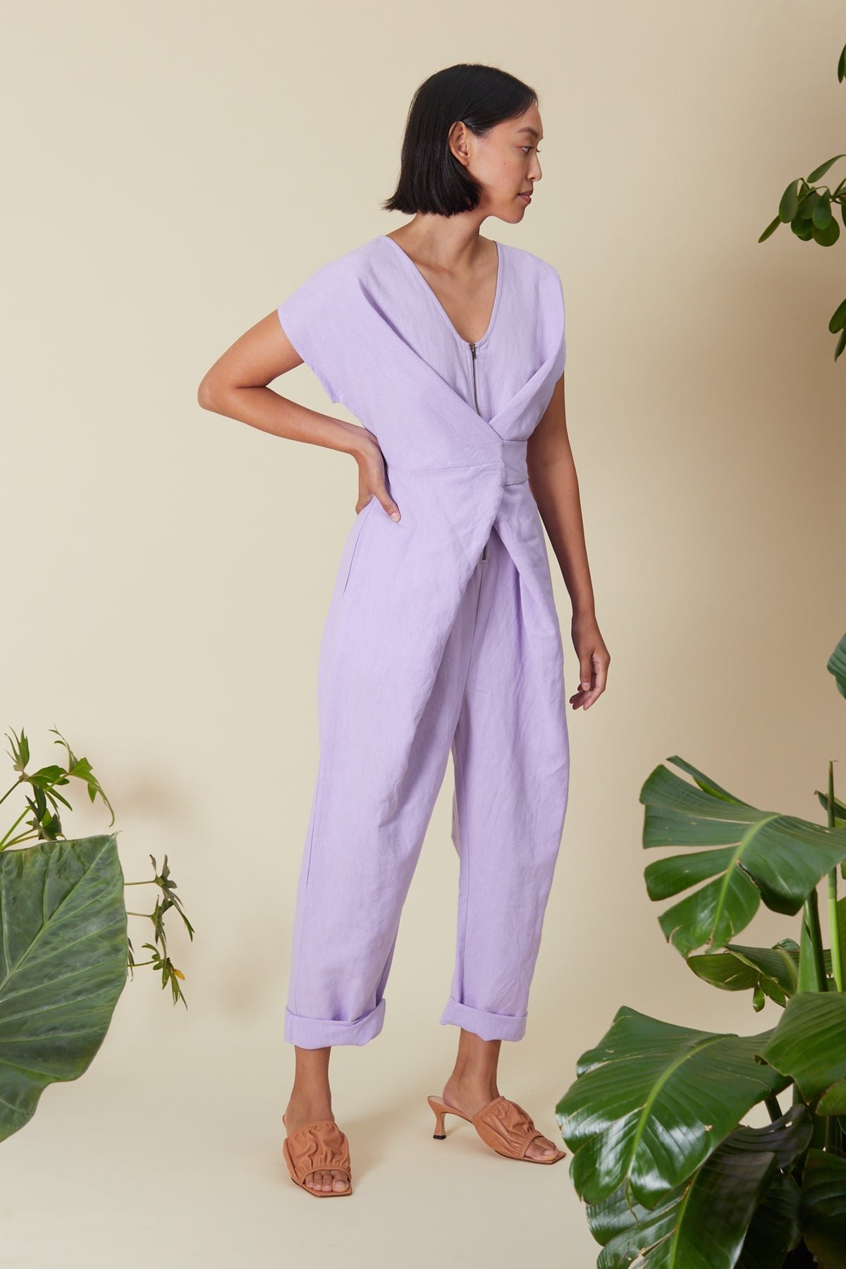 Venus Wrapped Jumpsuit in Cotton and Linen in Lilac
