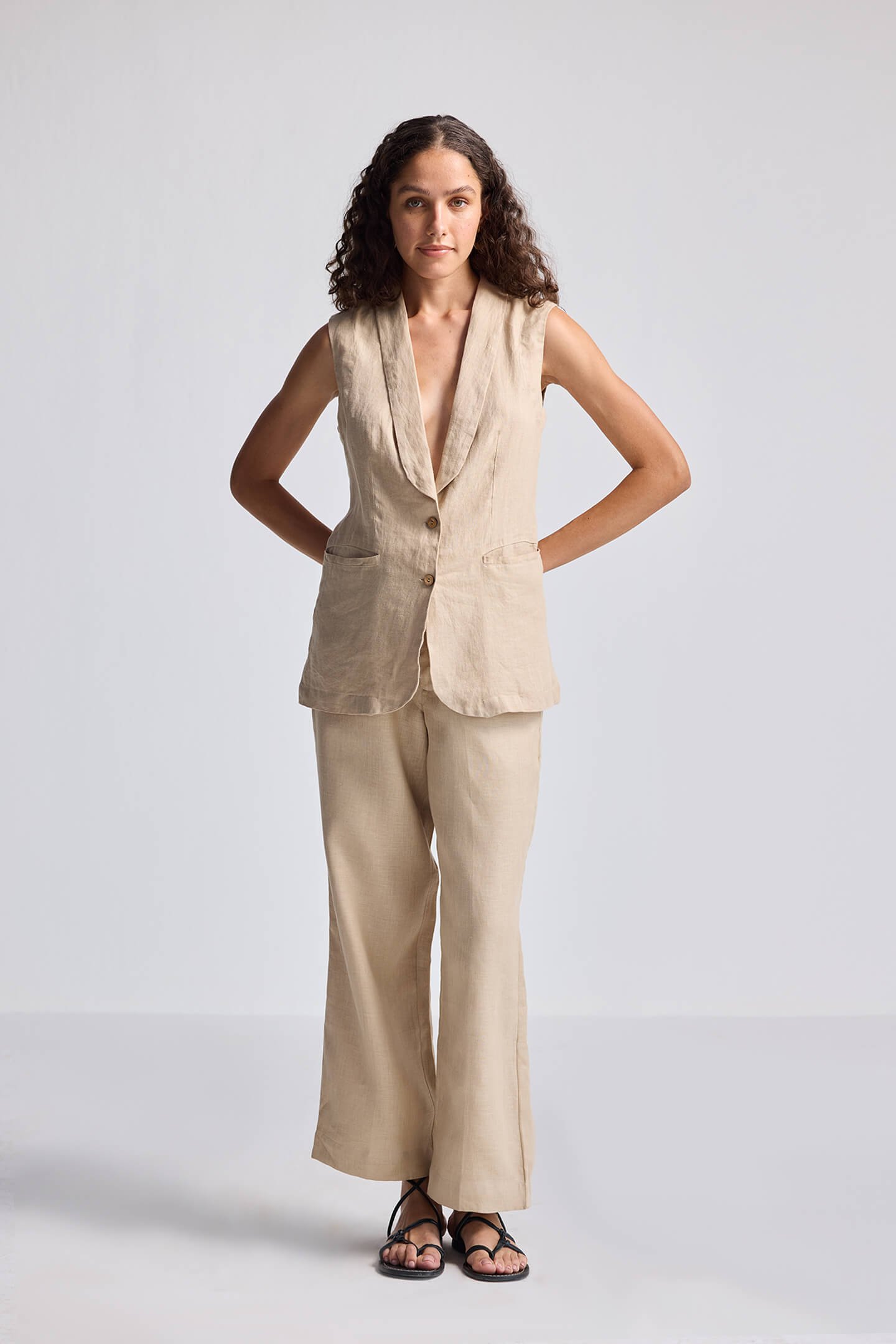 Sleeveless Hemp Vest Jacket in Natural Beige - Image 2