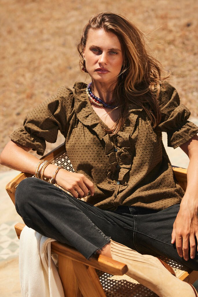 Chloe Cotton Pintucked Shirt in Olive Green