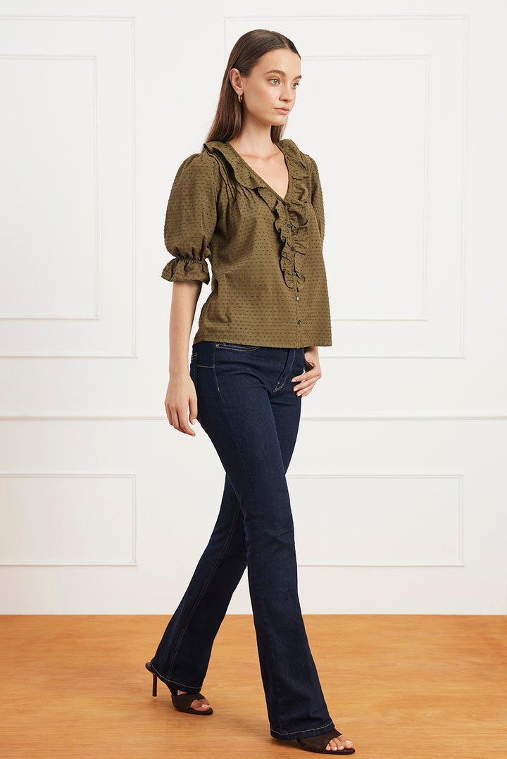Chloe Cotton Pintucked Shirt in Olive Green - Image 2