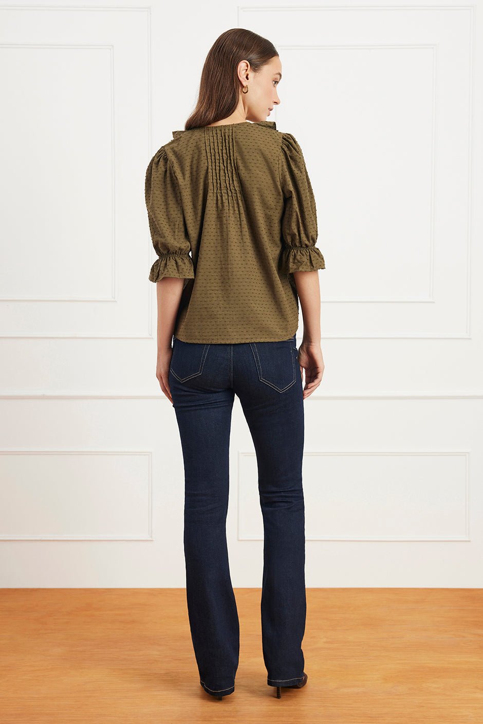Chloe Cotton Pintucked Shirt in Olive Green - Image 3
