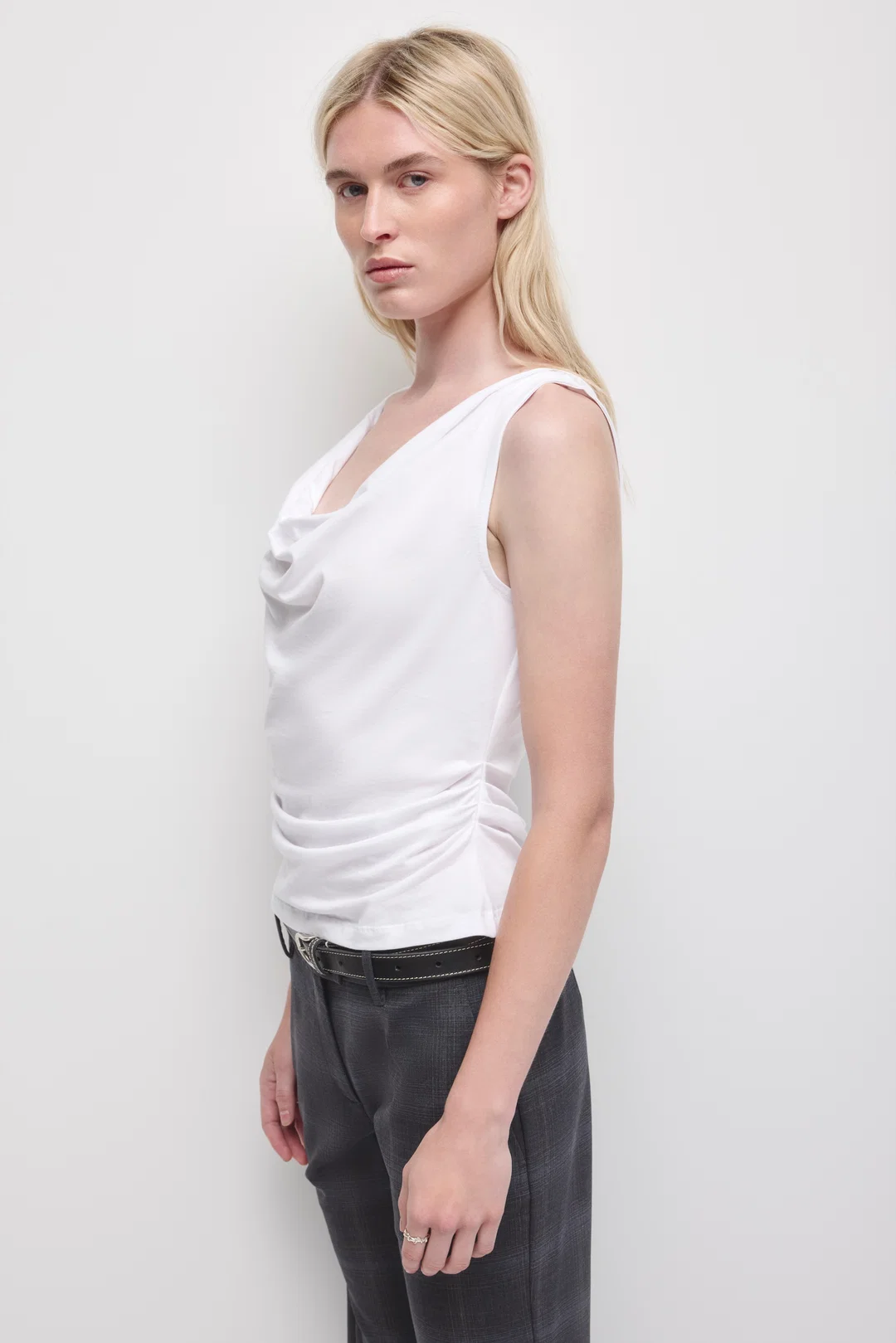 Draped Tank in Egyptian Cotton, White - Image 3