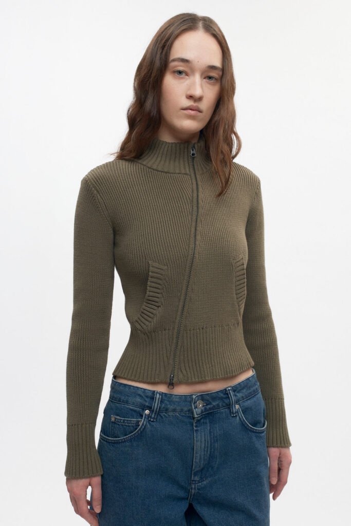 Asymmetric Cotton Zip Sweater in Olive Green
