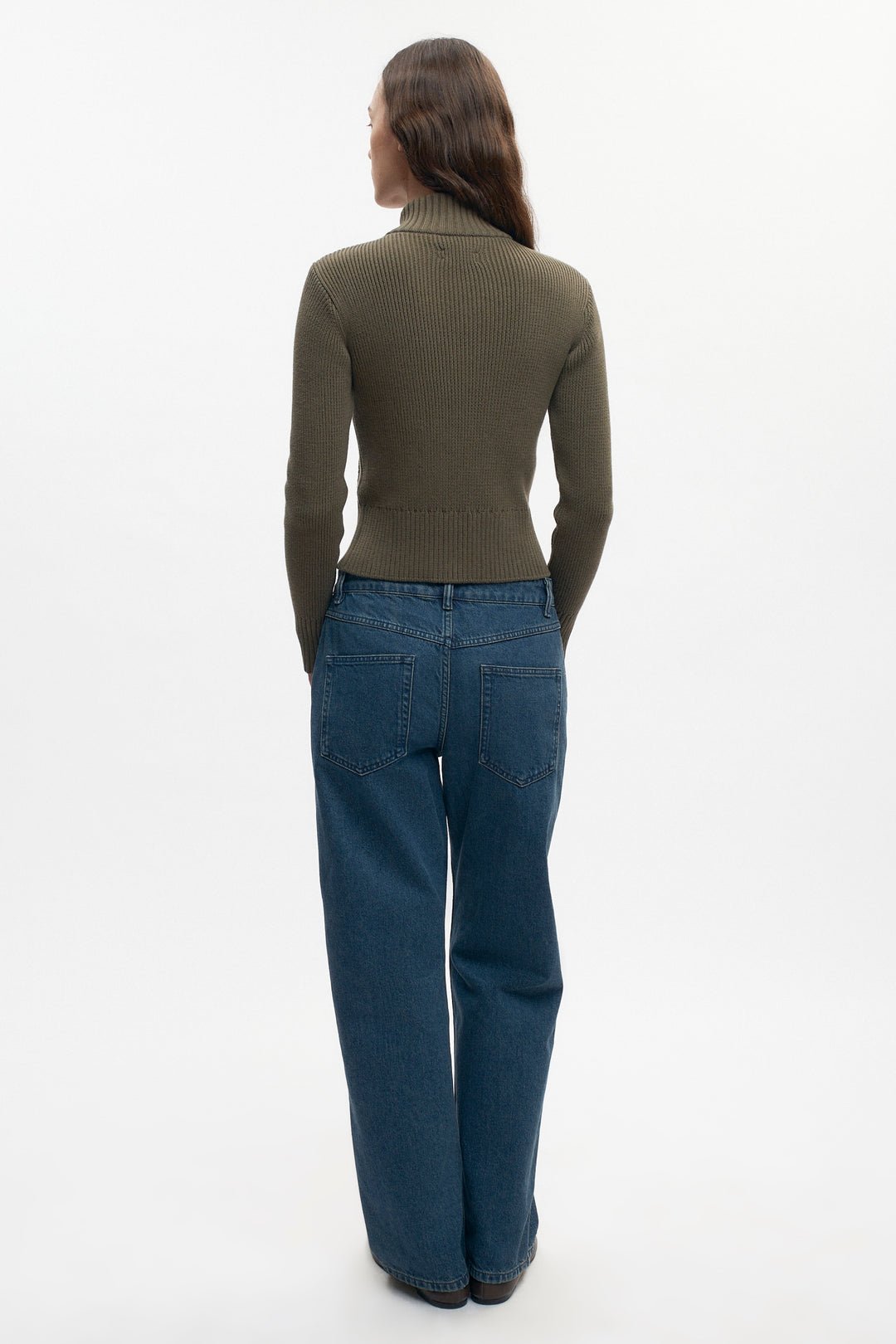 Asymmetric Cotton Zip Sweater in Olive Green - Image 2