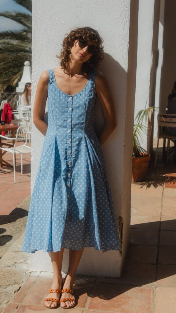 Ines Cotton Dress in French Blue Polka Dot
