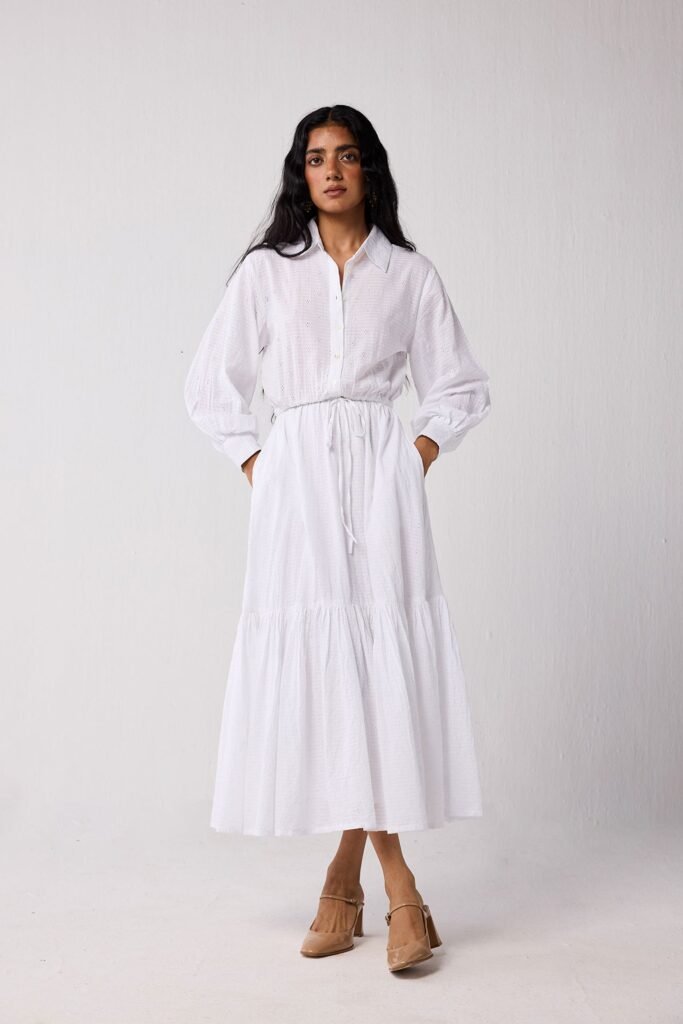Embroidered Flowy Maxi Tiered Dress in White