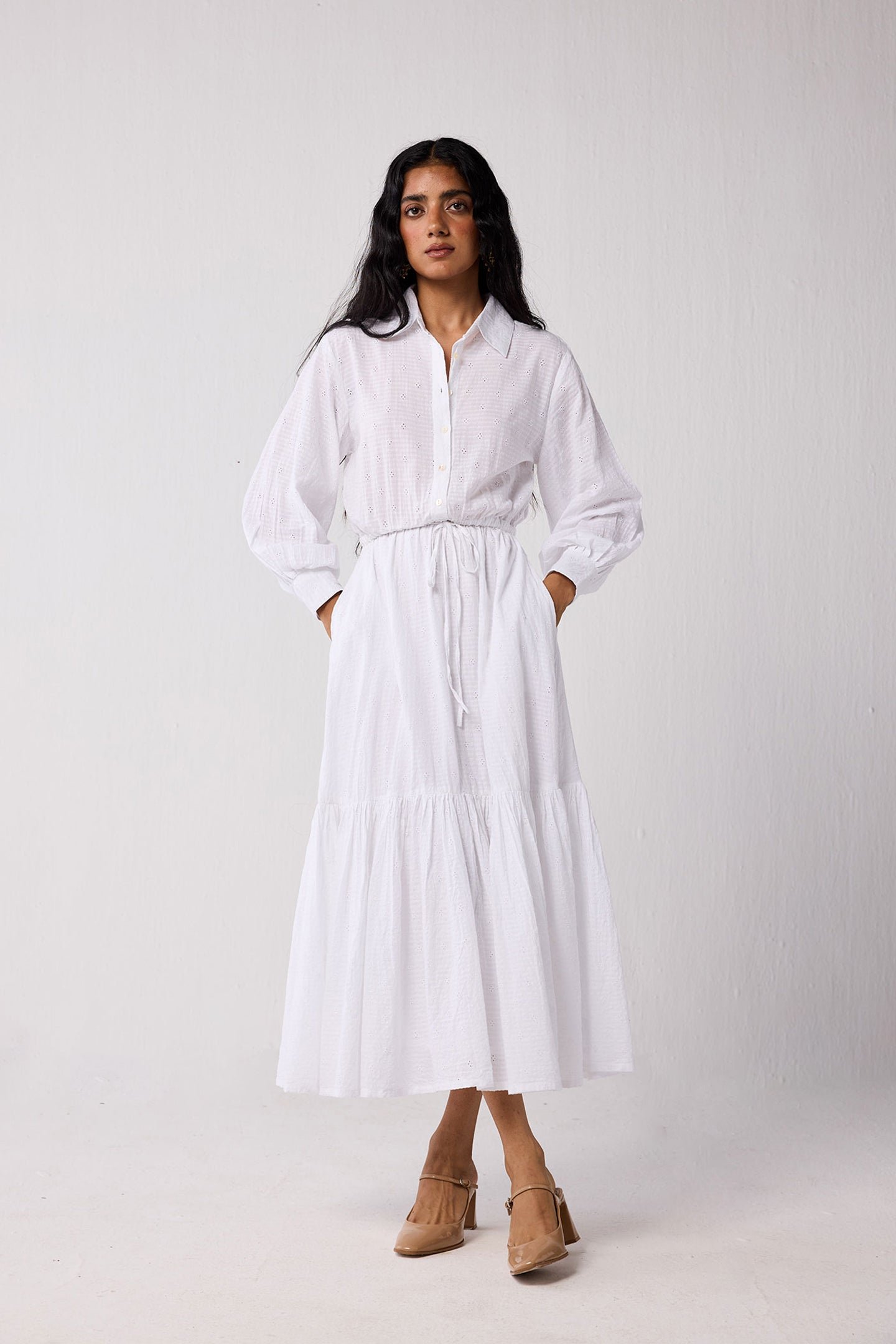 Embroidered Flowy Maxi Tiered Dress in White
