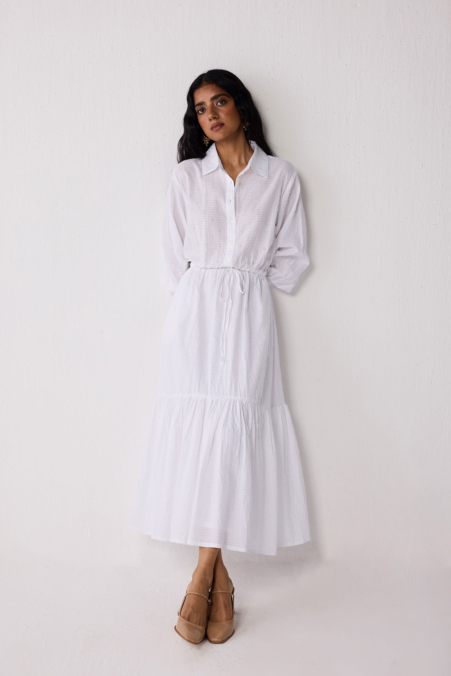 Embroidered Flowy Maxi Tiered Dress in White - Image 4