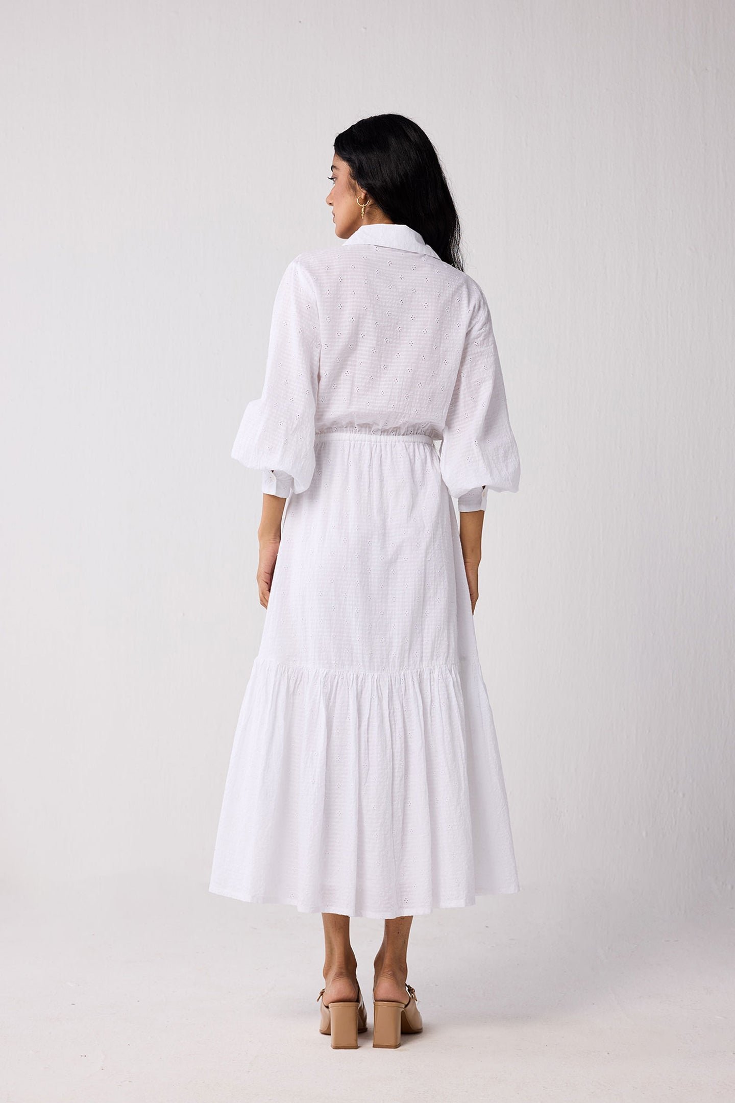 Embroidered Flowy Maxi Tiered Dress in White - Image 2