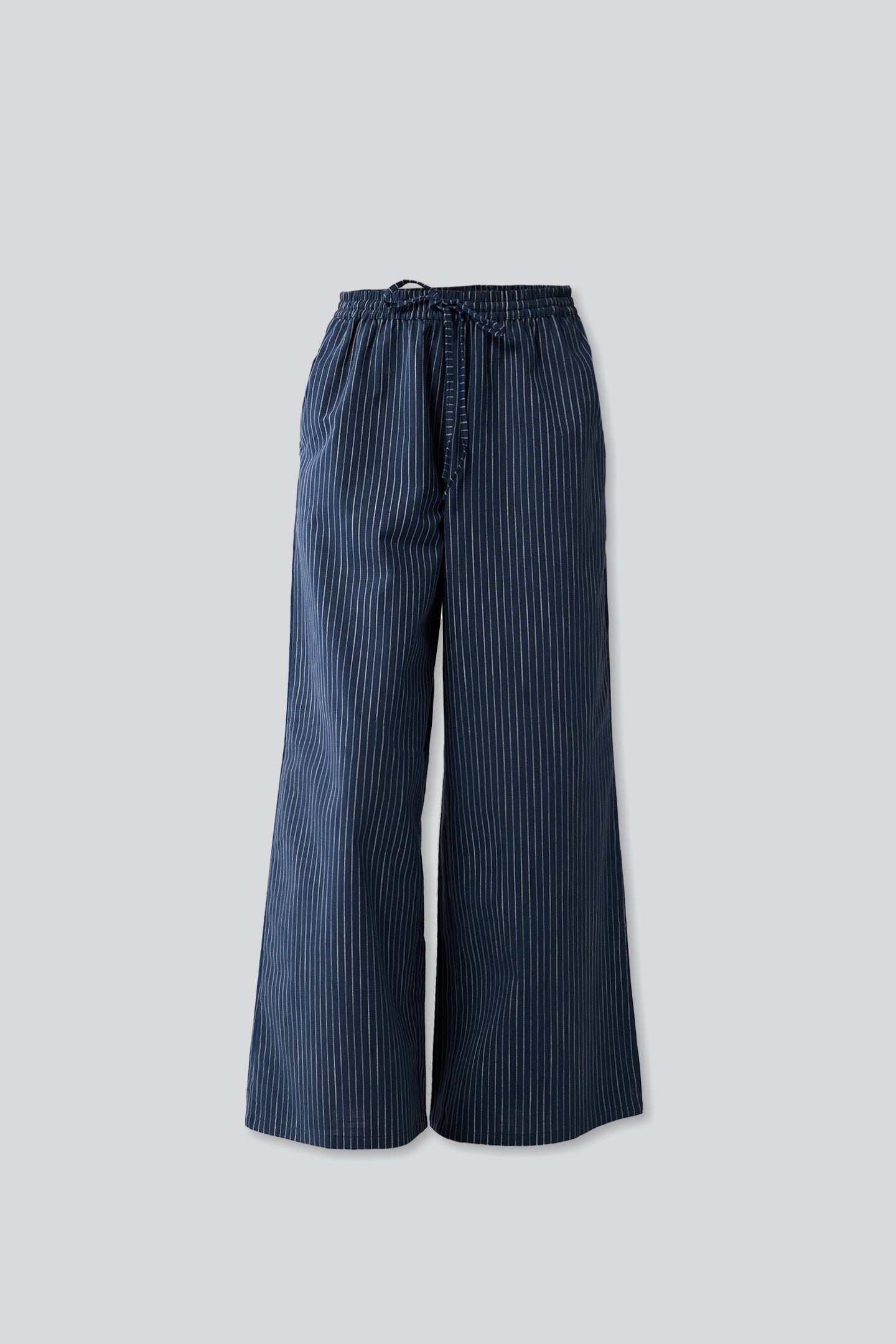 Wide-leg Drawstring Pants with Navy and White Stripes in Blue - Image 3