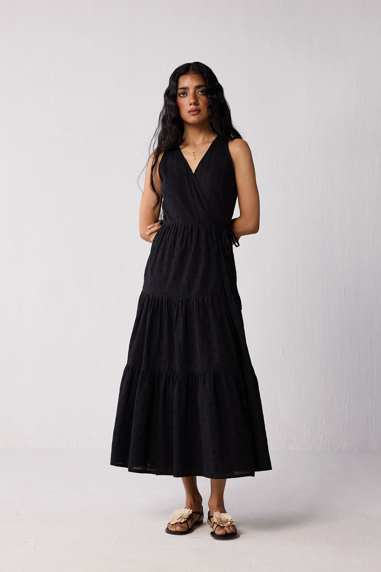Sleeveless Organic Cotton Embroidered Wrap Dress with Tiers in Black - Image 4