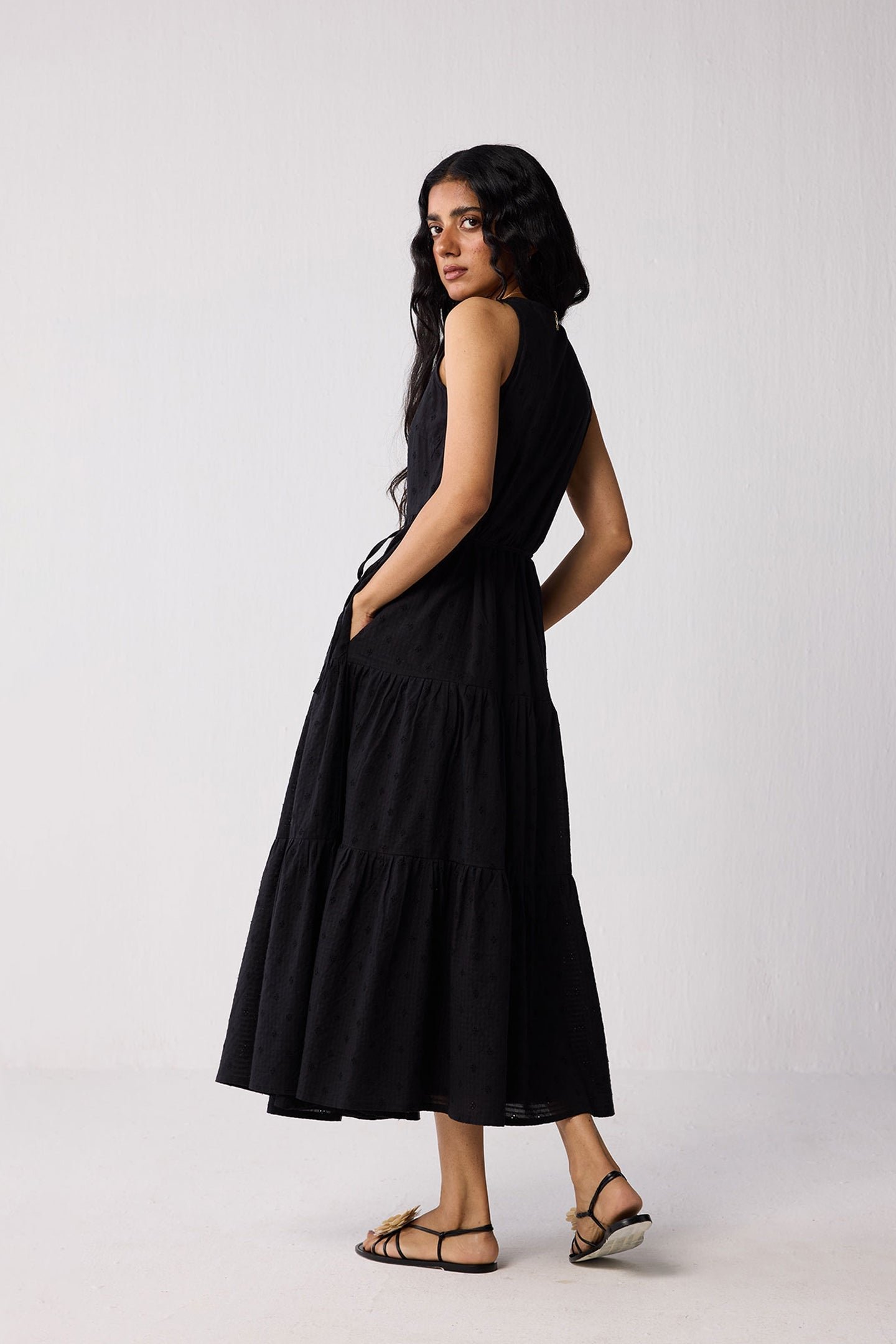 Sleeveless Organic Cotton Embroidered Wrap Dress with Tiers in Black - Image 2