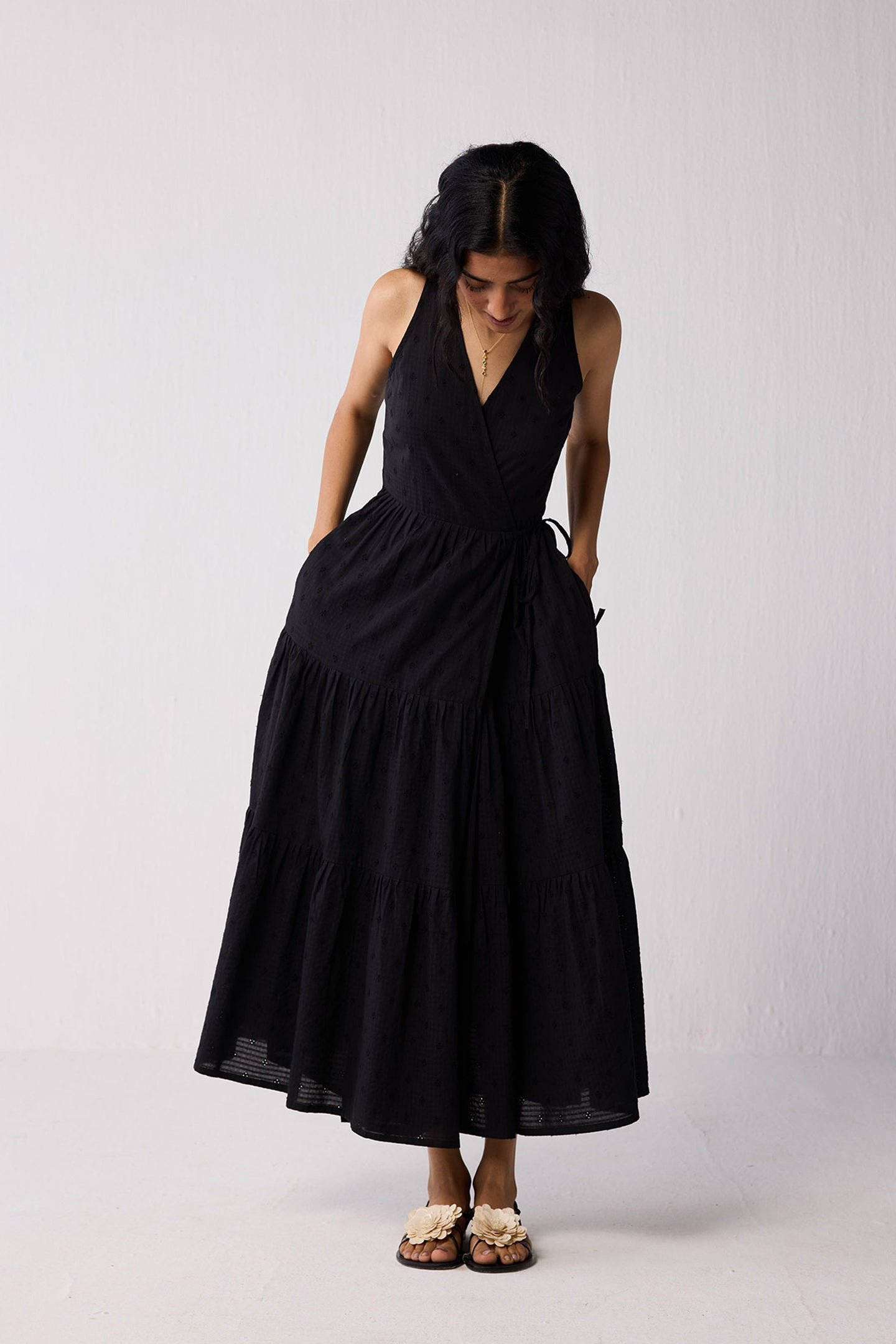 Sleeveless Organic Cotton Embroidered Wrap Dress with Tiers in Black - Image 3