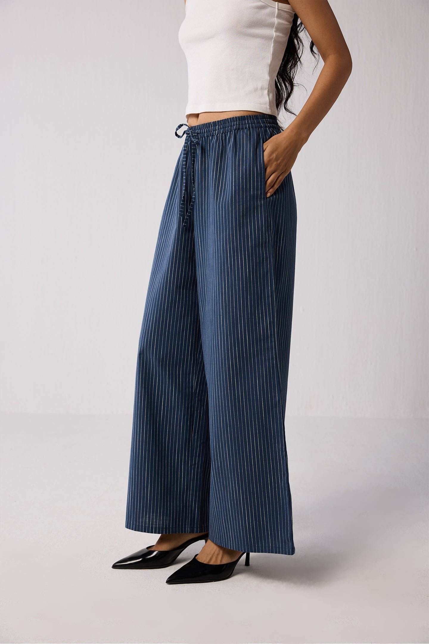 Wide-leg Drawstring Pants with Navy and White Stripes in Blue - Image 2