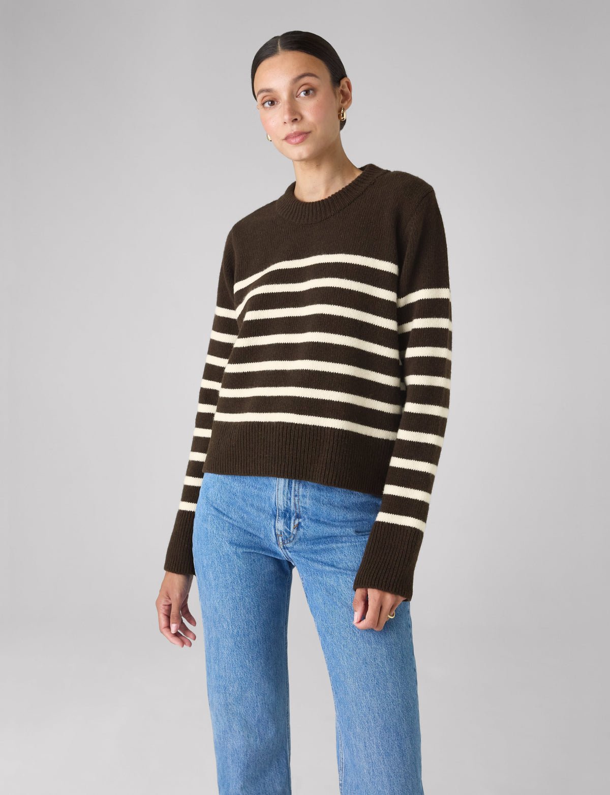 Devon Jumper: Wool, Chocolate with Cream Stripes - Image 2