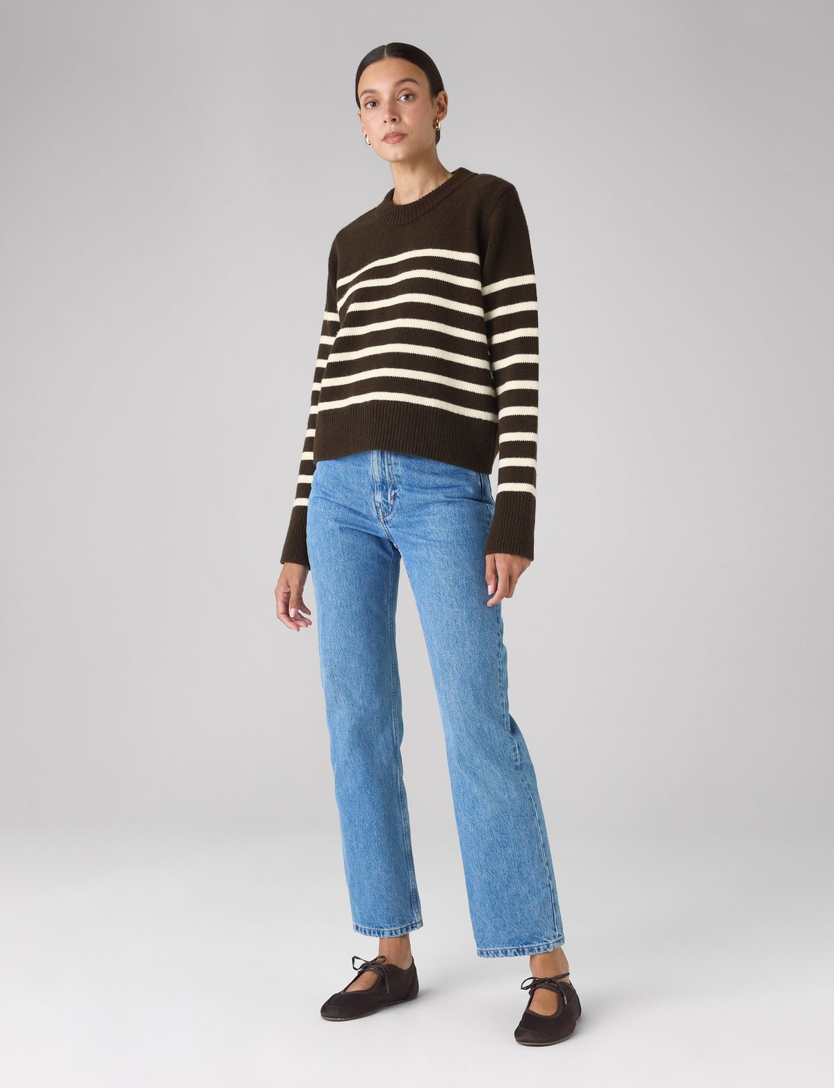 Devon Jumper: Wool, Chocolate with Cream Stripes - Image 3