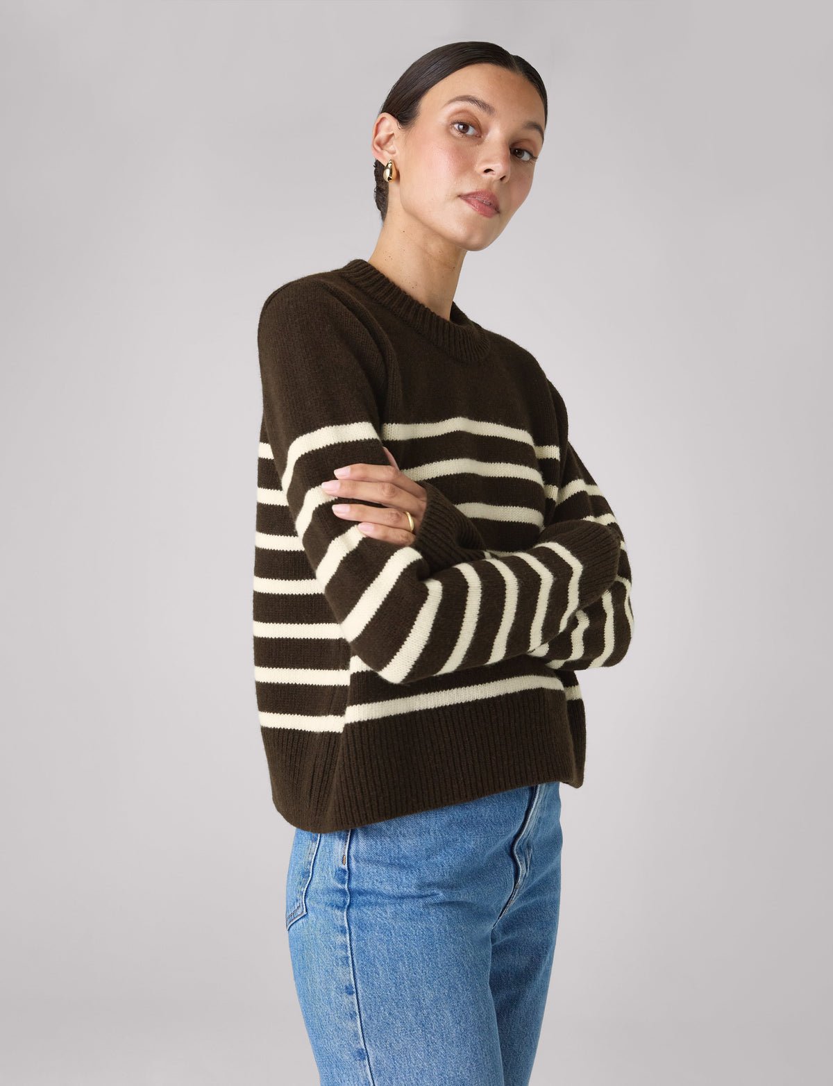 Devon Jumper: Wool, Chocolate with Cream Stripes - Image 6