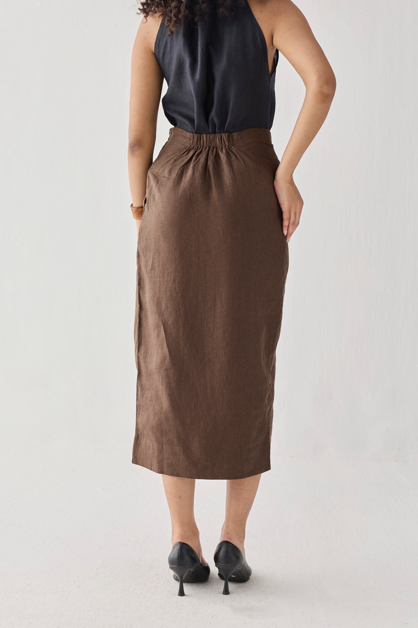 Fitted Overlap Midi Skirt in Brown - Image 2