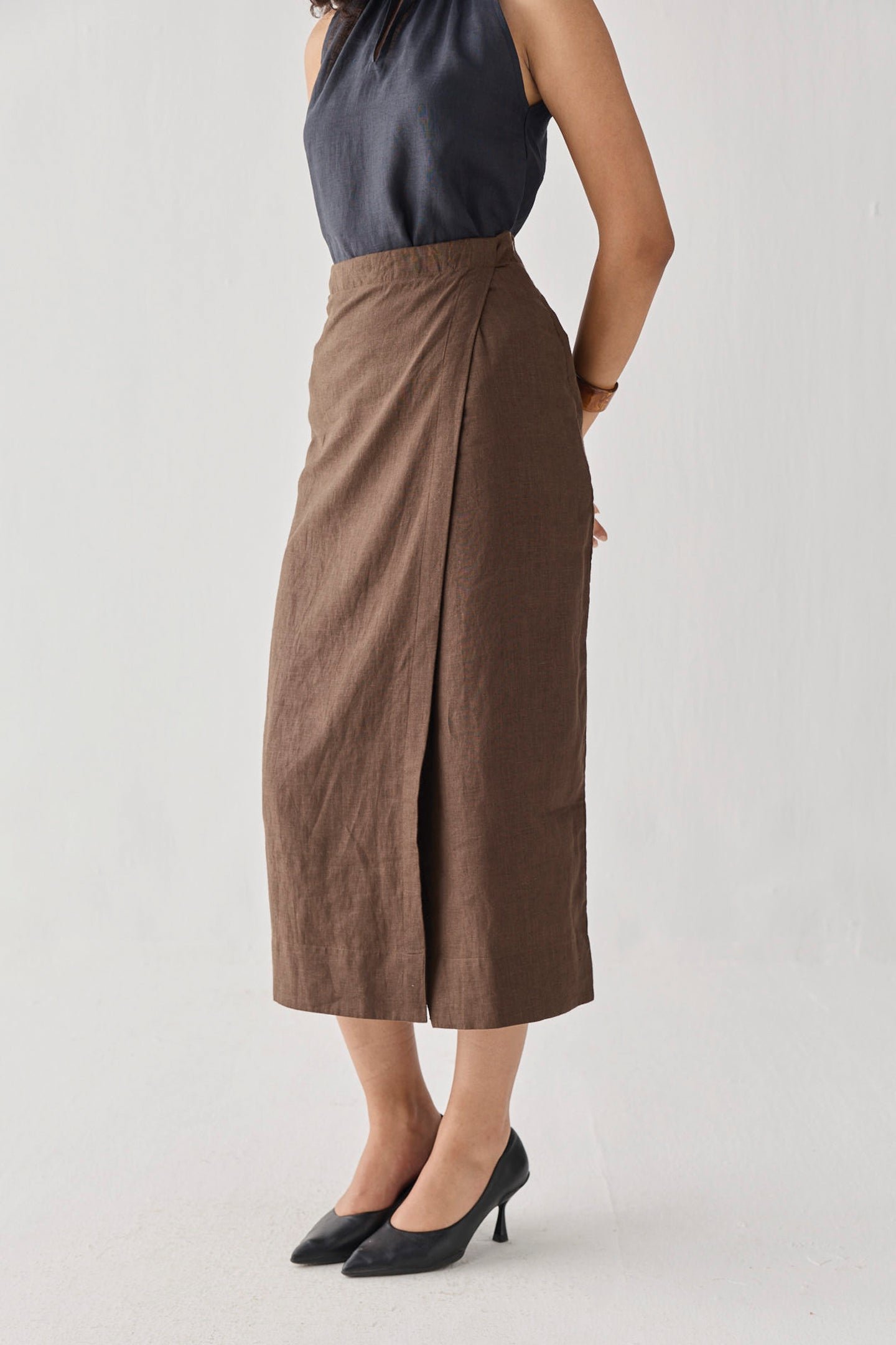 Fitted Overlap Midi Skirt in Brown - Image 3