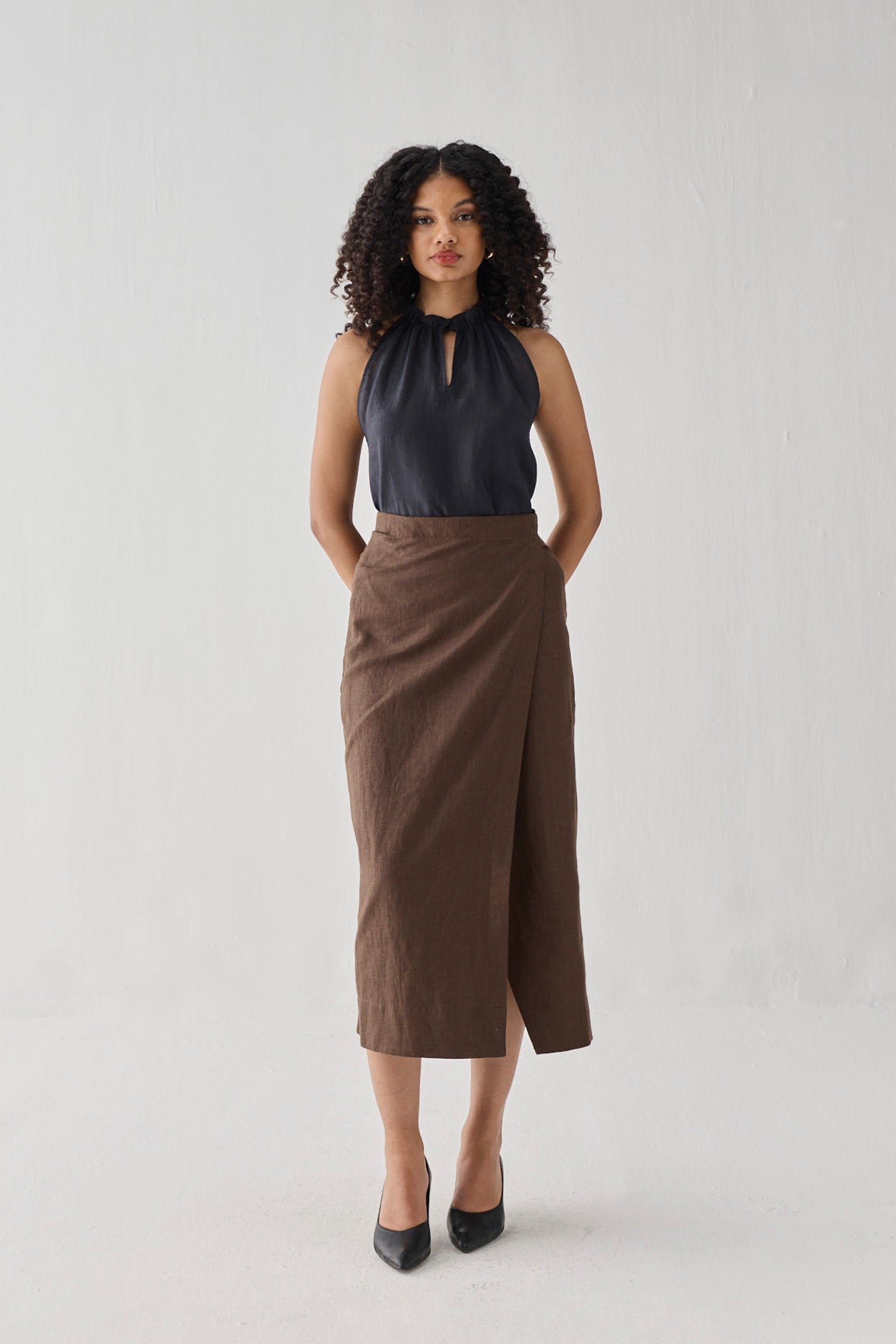 Fitted Overlap Midi Skirt in Brown - Image 4