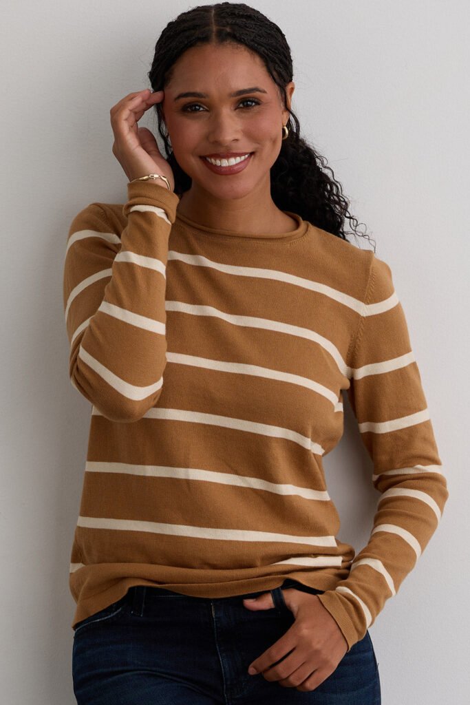 Women's Organic Cotton Striped Roll Neck Sweater in Camel