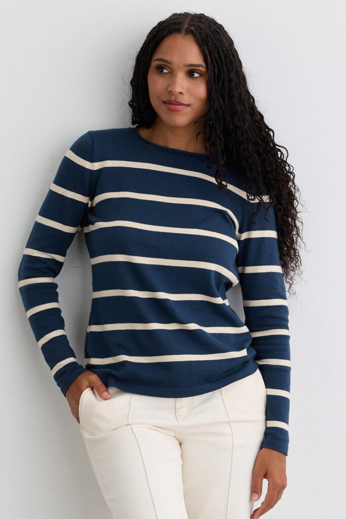 Women's Organic Cotton Striped Roll Neck Sweater in Indigo