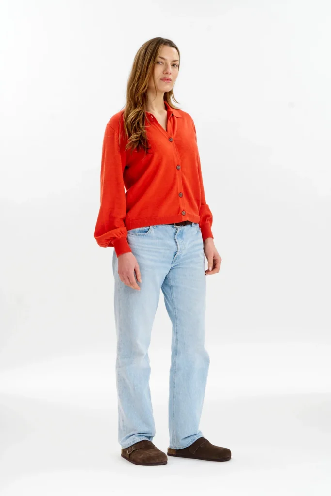 Nani Collared Organic Cotton Cardigan in Red Orange