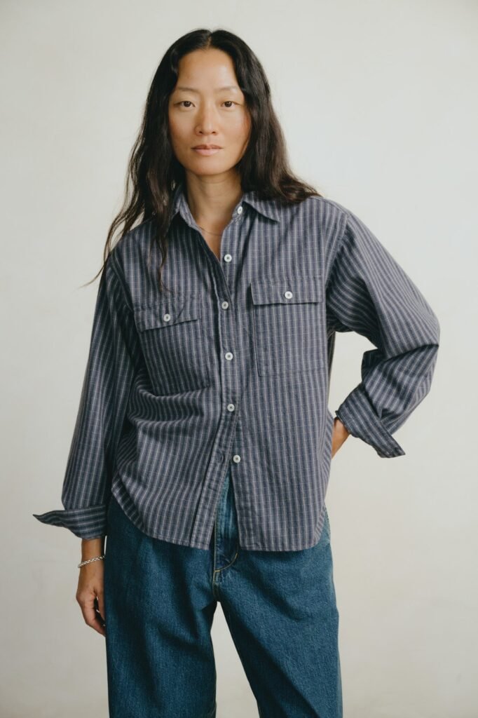 Flannel Marcie Shirt, Japanese Organic Cotton, Navy Plaid