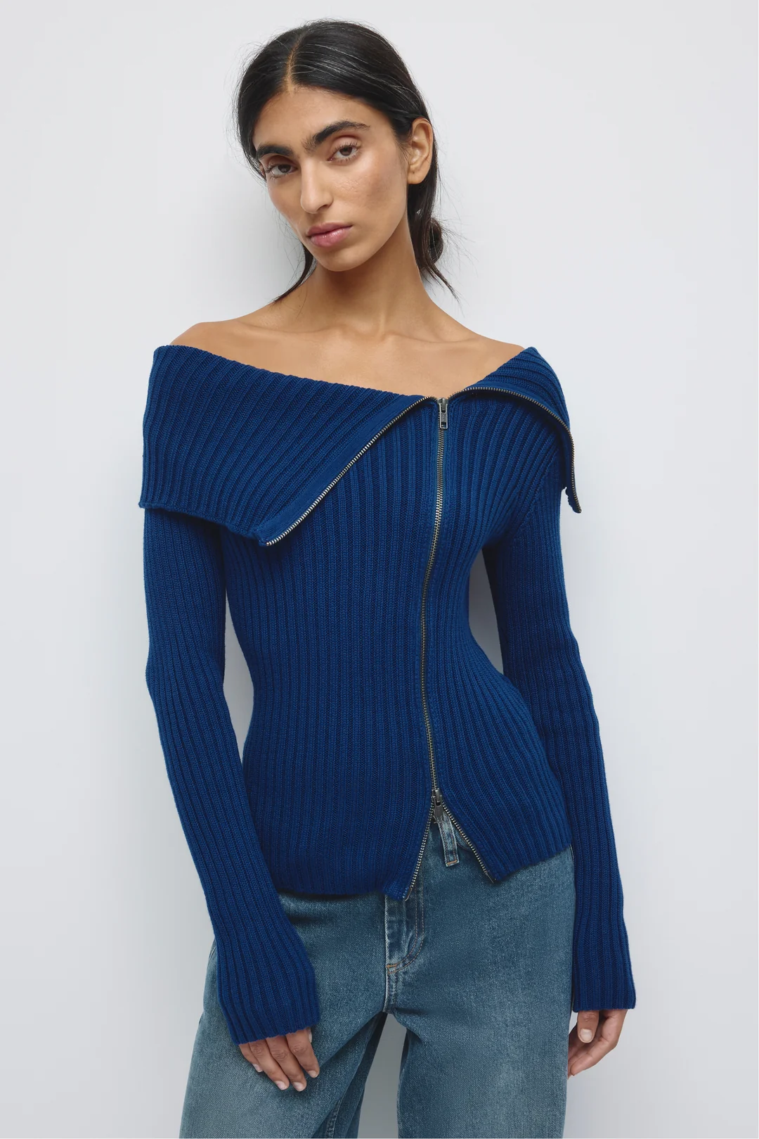 Asymmetric Cotton Foldover Sweater in Beige - Image 6