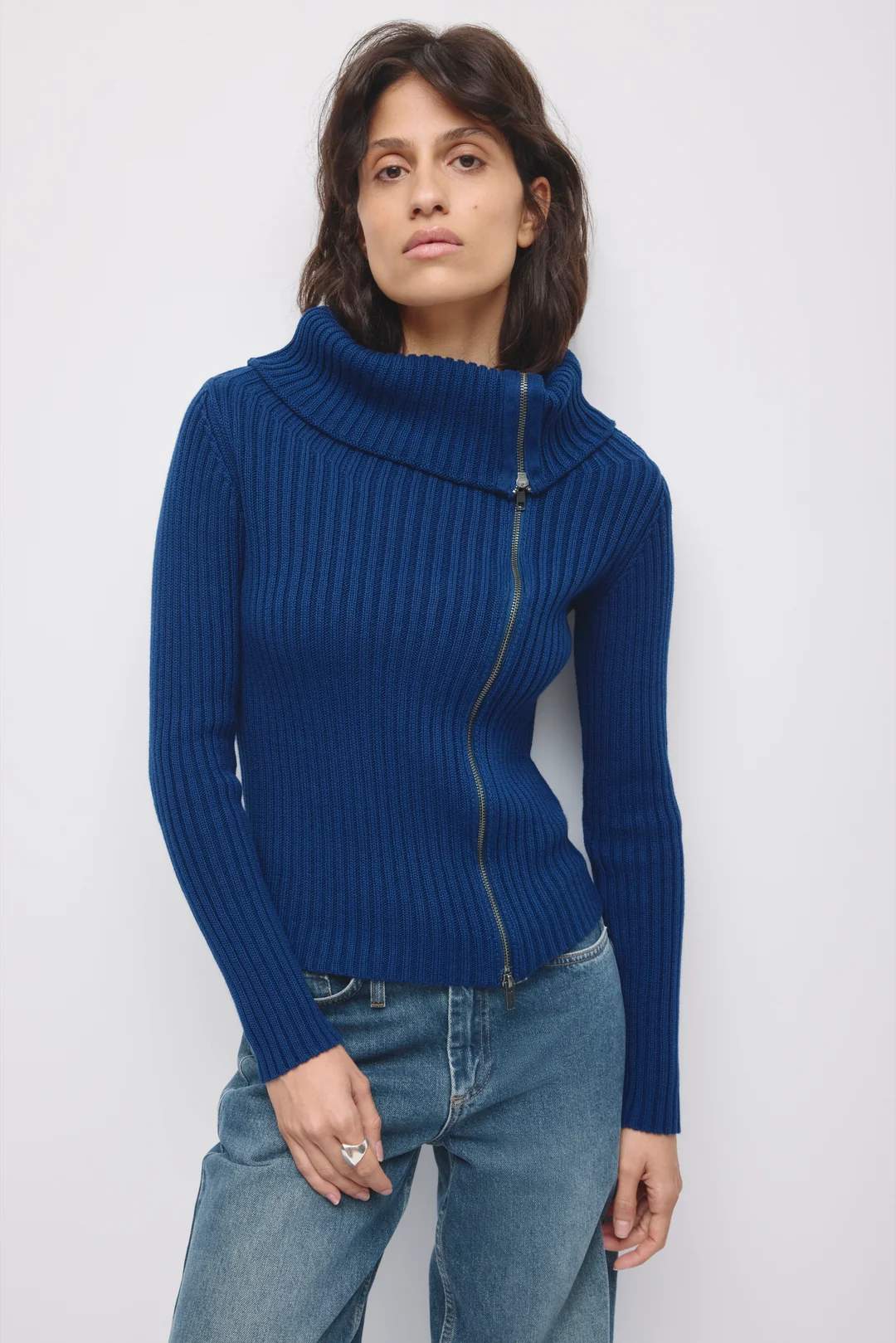 Asymmetric Cotton Foldover Sweater in Beige - Image 3