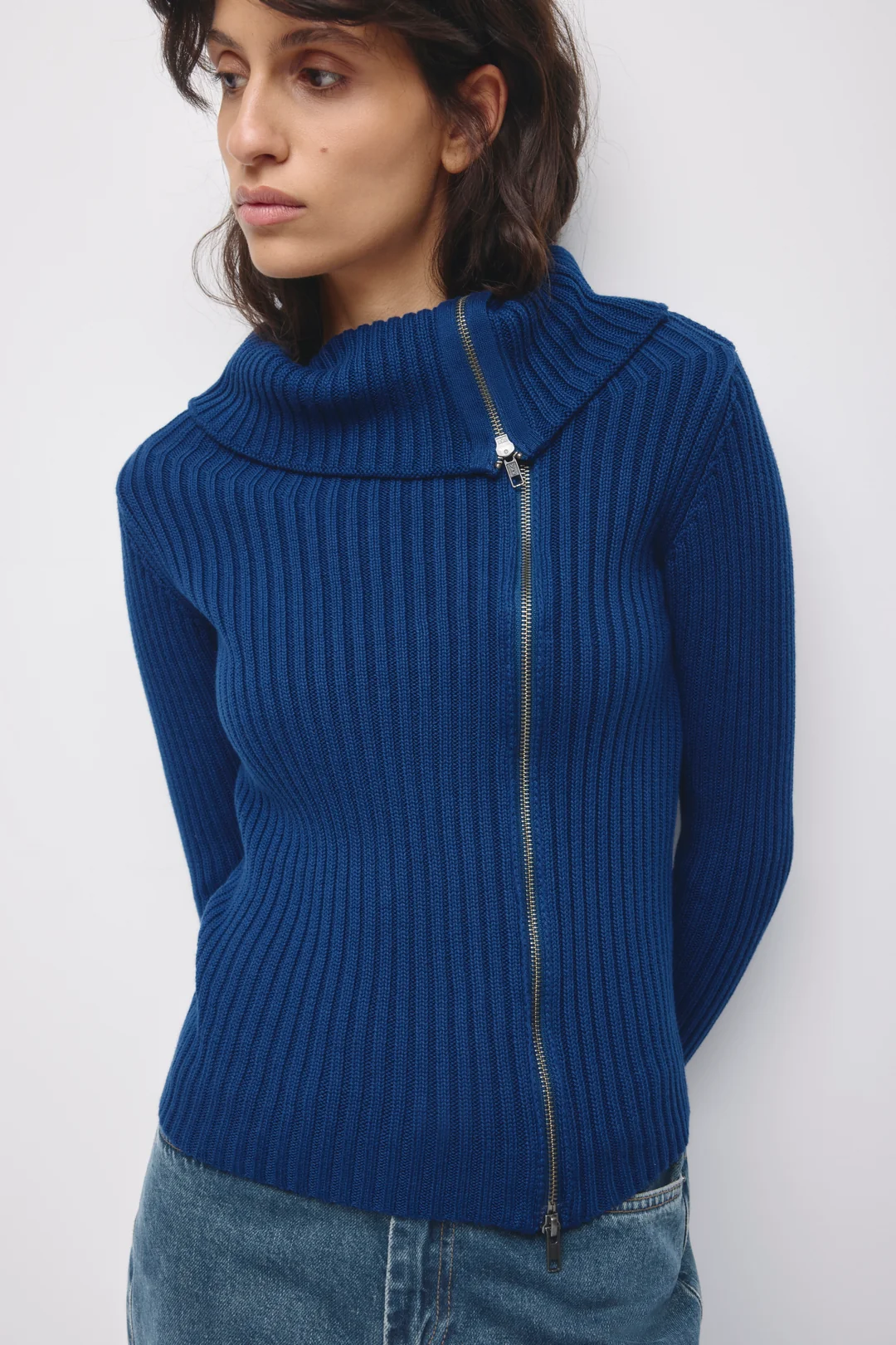 Asymmetric Cotton Foldover Sweater in Beige - Image 5