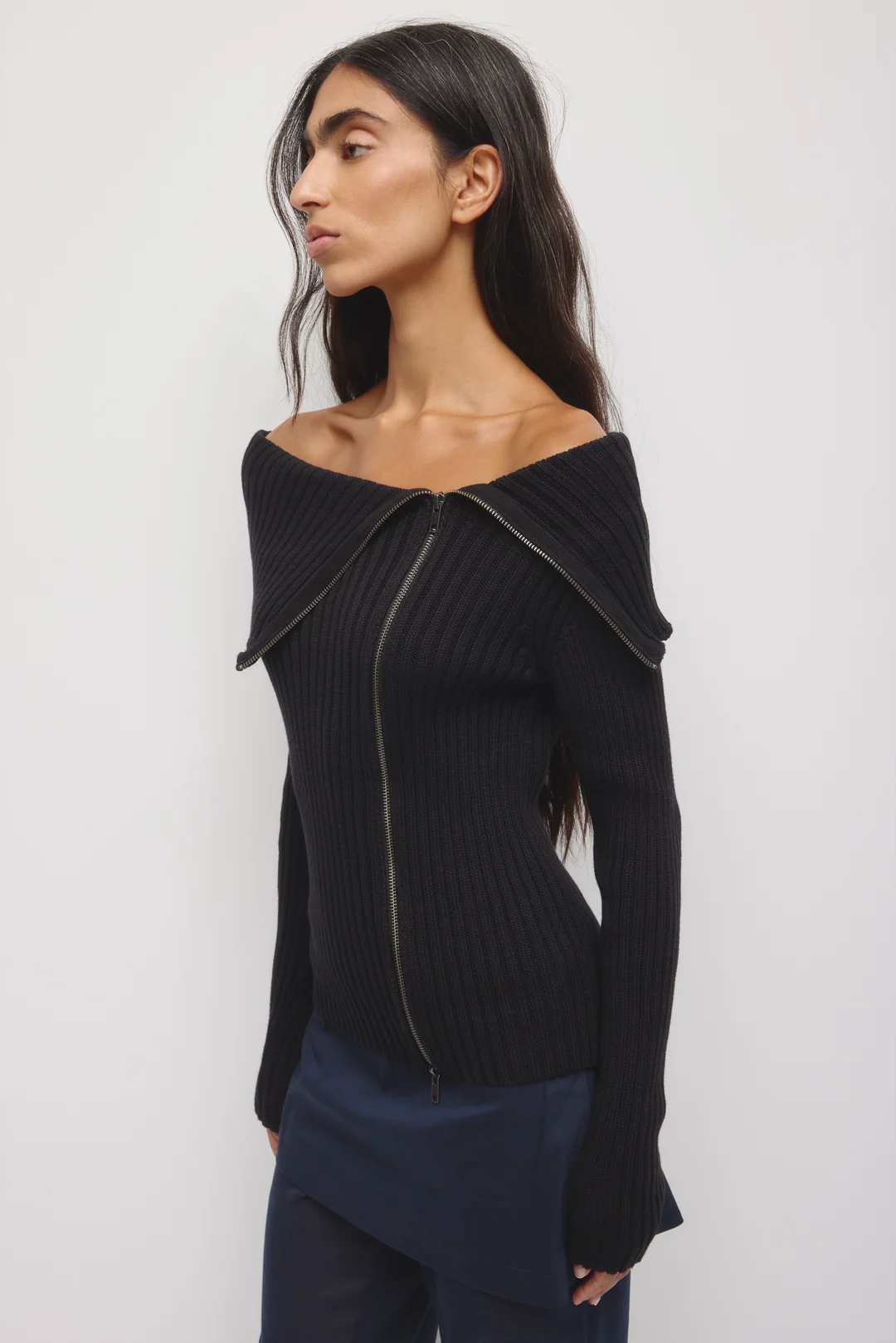 Asymmetric Cotton Foldover Sweater in Beige - Image 8