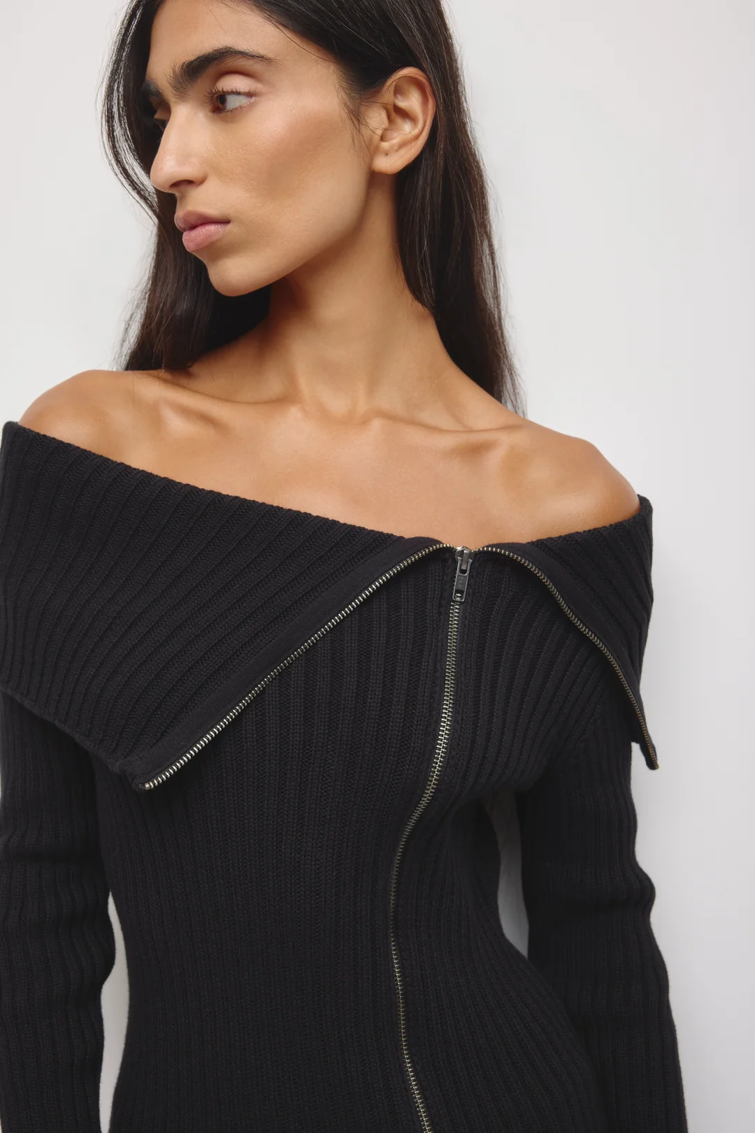 Asymmetric Cotton Foldover Sweater in Beige - Image 9