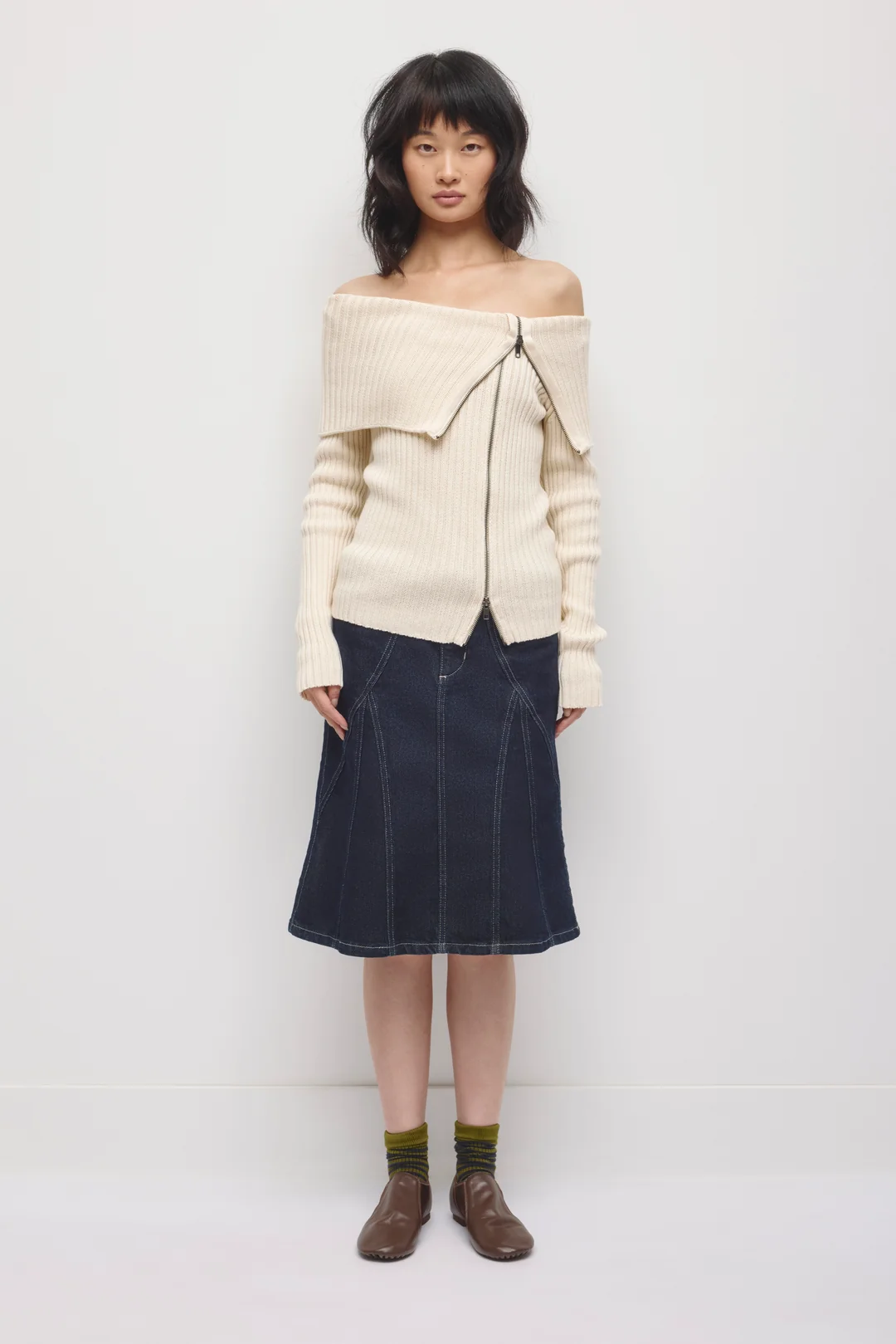 Asymmetric Cotton Foldover Sweater in Beige - Image 2