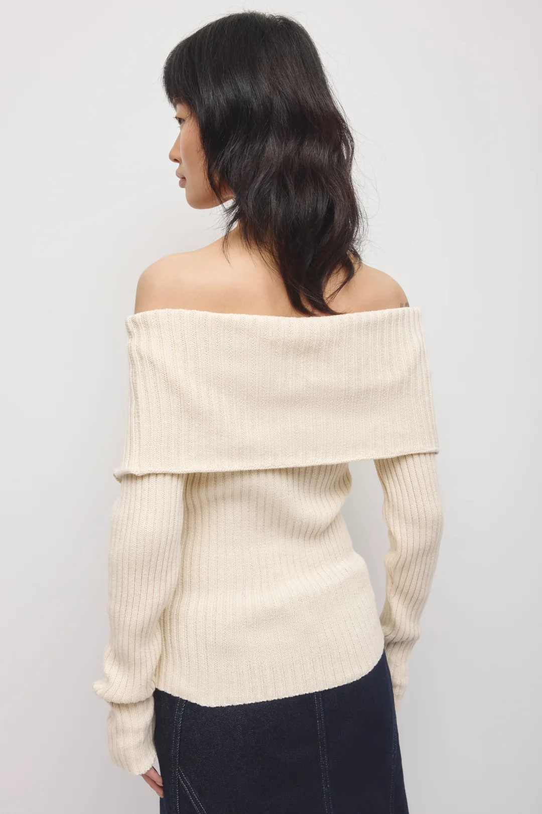 Asymmetric Cotton Foldover Sweater in Beige - Image 4